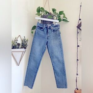 - LEVI'S Wedgie Button Fly Straight Stretch Jeans , Size 28 raw hem